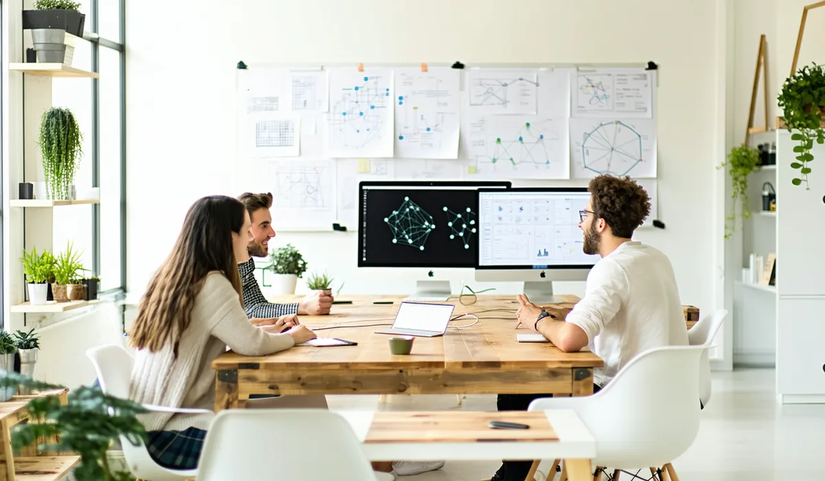 Cypher AI founding team in a Cambridge office: small focused team working at workstations in a bright minimalist tech office space