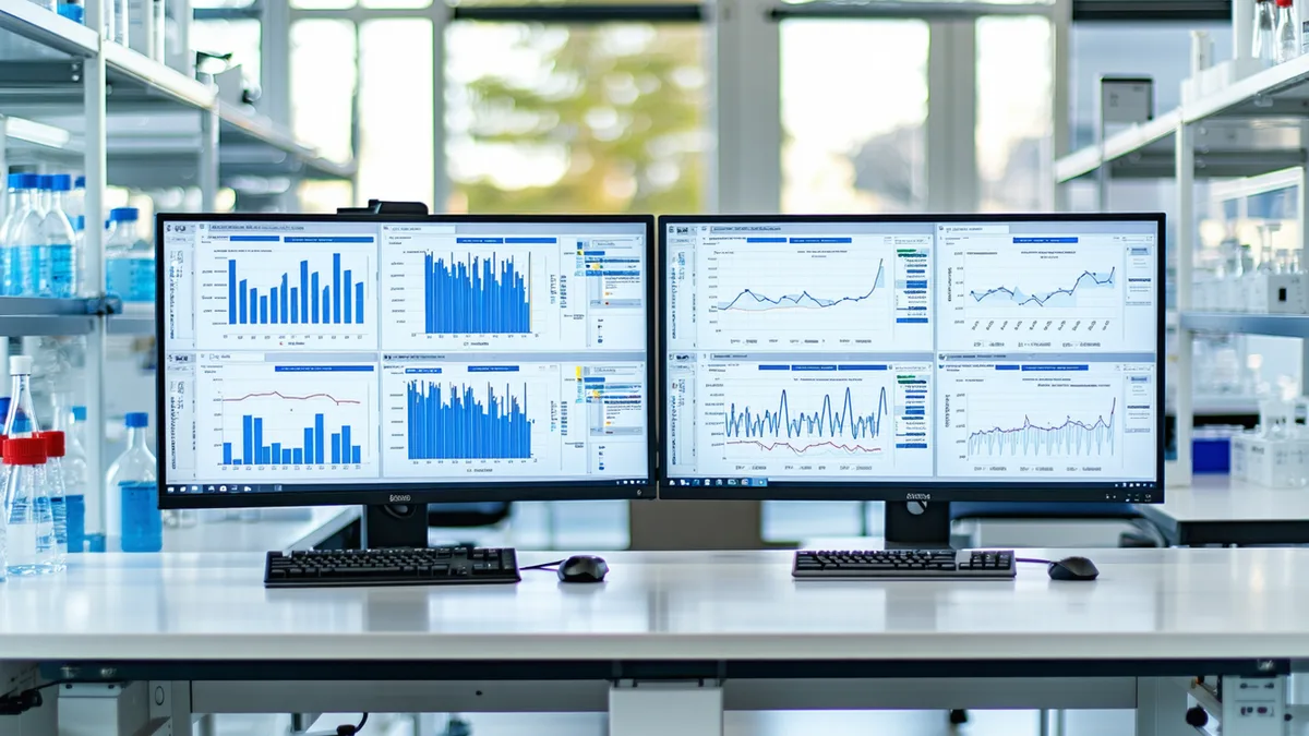 A modern laboratory workstation with dual monitors showing data dashboards and a timeline of lab software evolution in the background