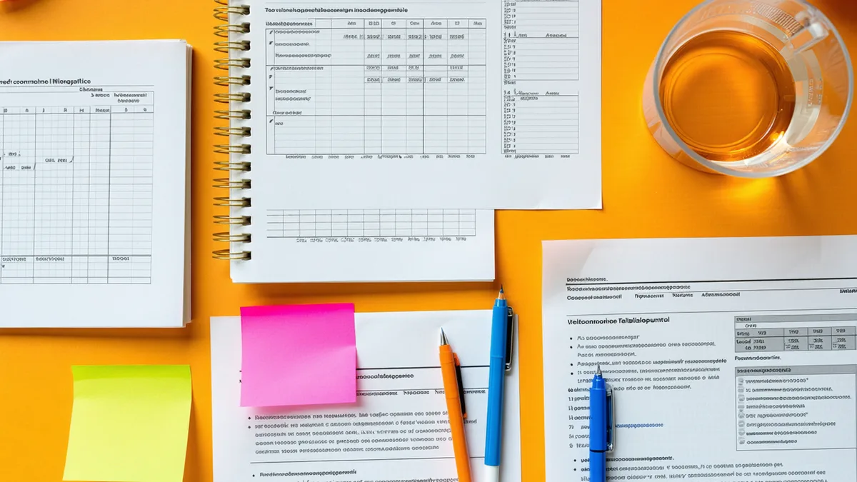 Scattered lab notebooks, spreadsheet printouts, and sticky notes on a bench — representing fragmented R&D data management