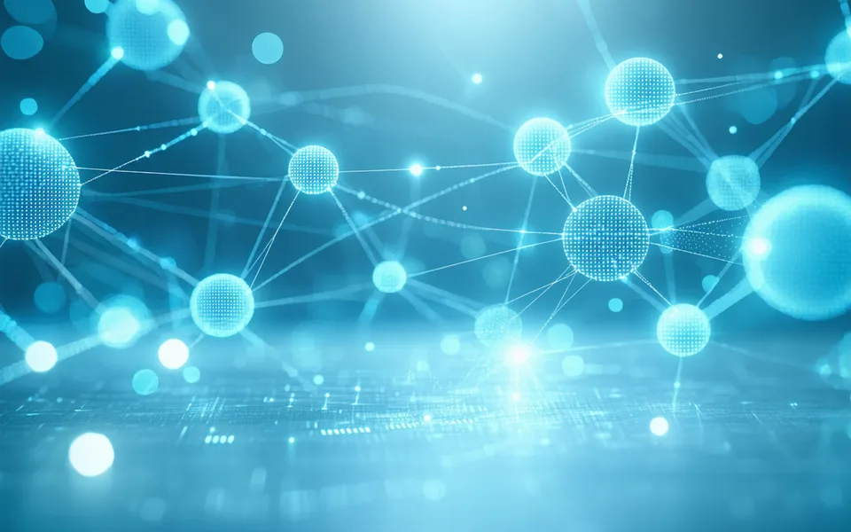 Data fabric concept: interconnected data nodes representing experiment results, instrument outputs, and analysis pipelines