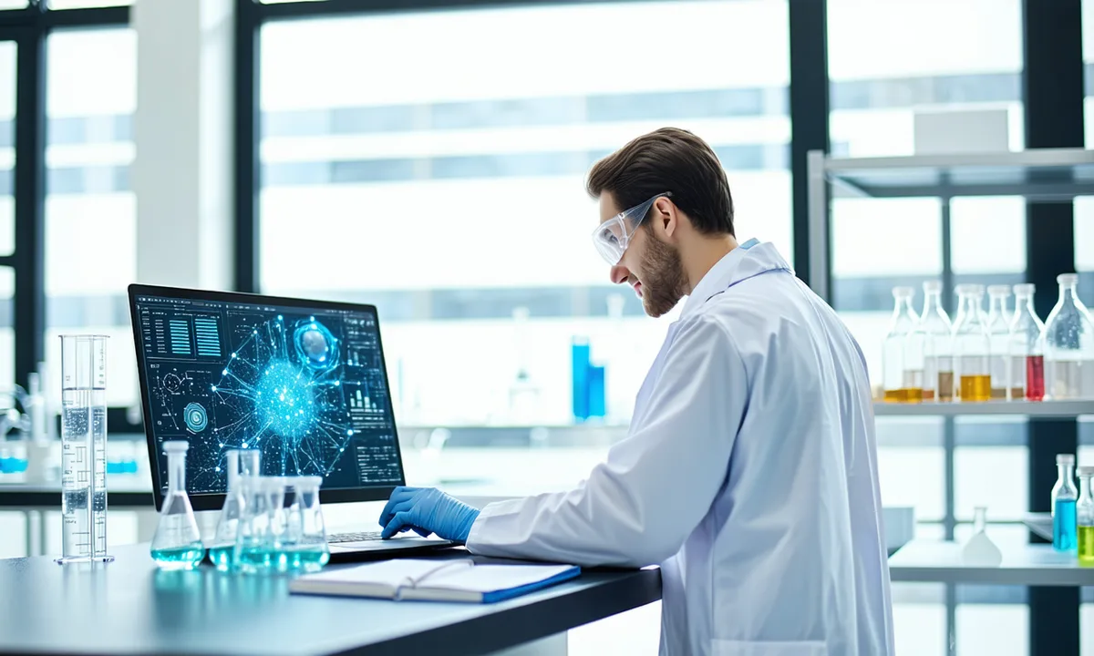 Academic research lab: graduate researcher working with scientific software on a laptop surrounded by lab equipment and notebooks