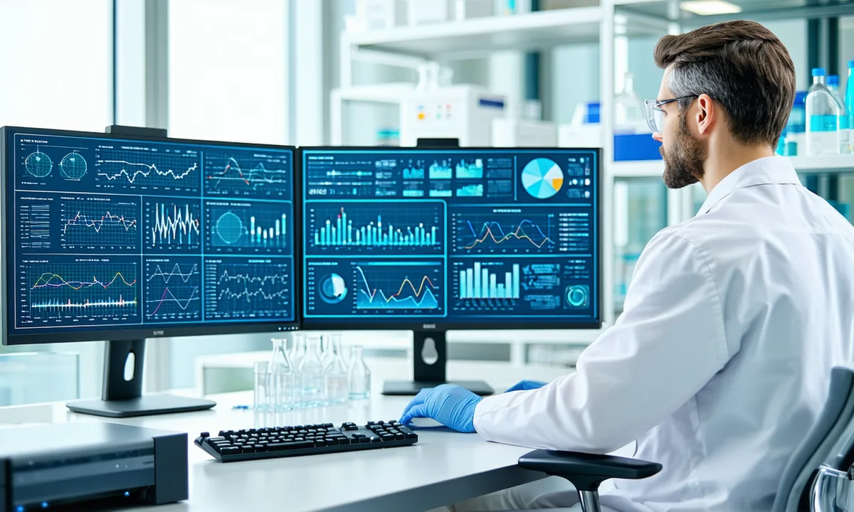 Biotech R&D lab: scientist at a modern workstation reviewing experimental data on dual monitors in a well-lit laboratory environment